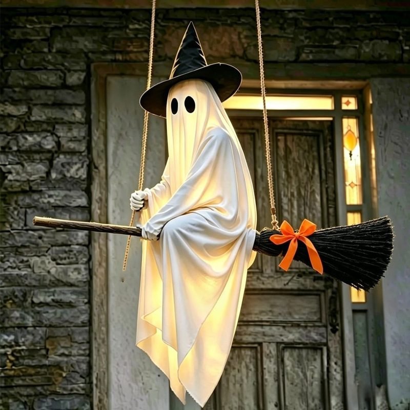 Halloween Glowing Ghost Broom Hanging Porch Decoration